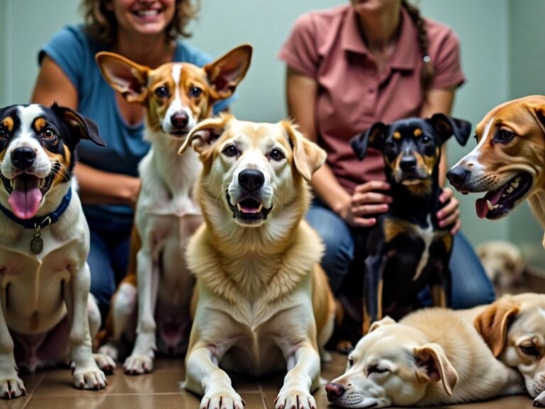 Rescued dogs in a shelter with volunteers.