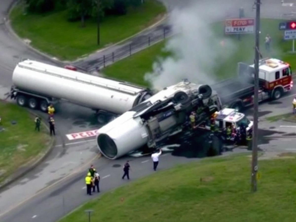 Overturned tanker truck spilling fuel on the road.