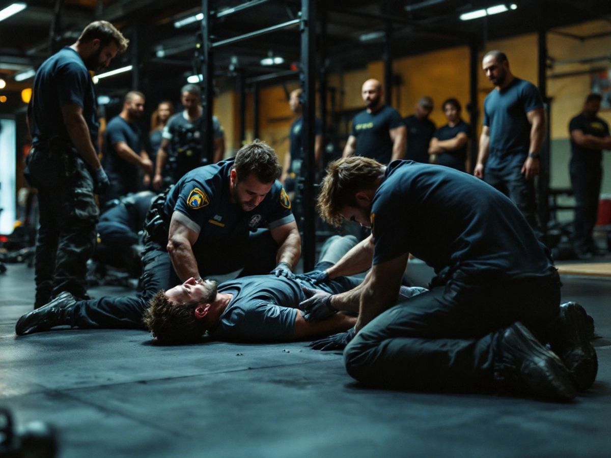 Emergency responders at a gym with a young man down.