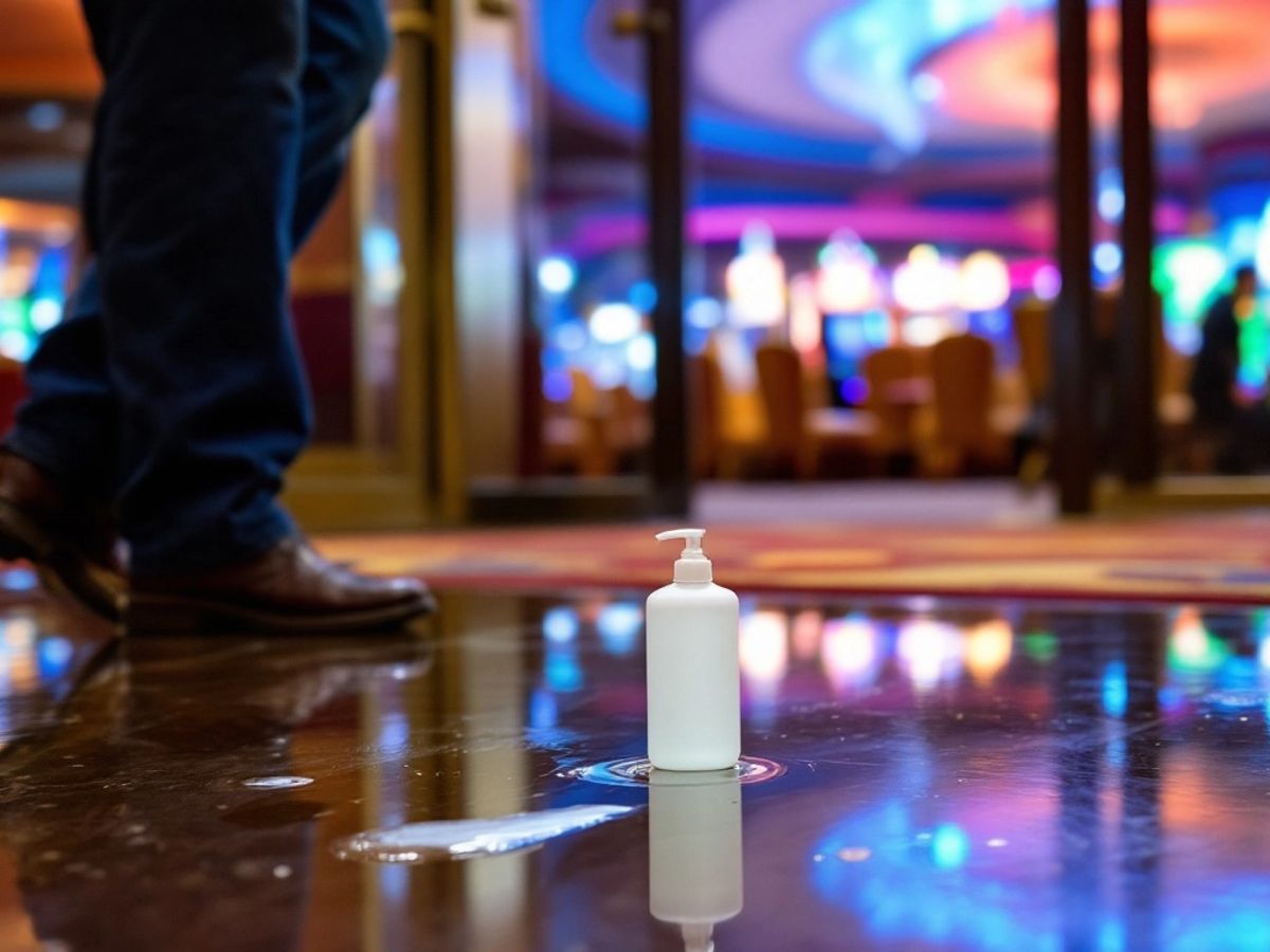 Person slipping on spilled hand sanitizer in casino.