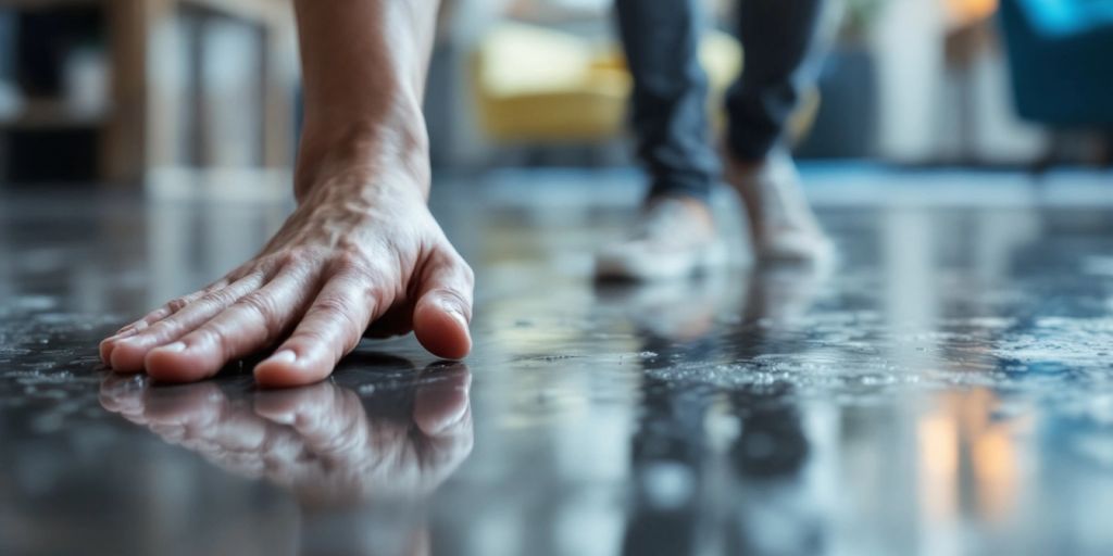 Person slipping on a wet floor indoors.