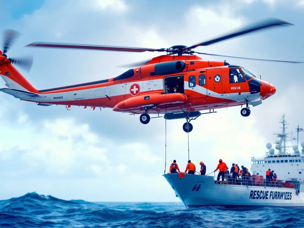 Helicopter airlifting crew member from ship at sea.