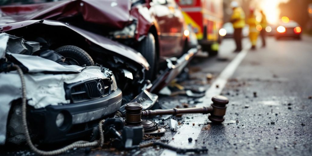 Traffic accident scene with damaged vehicles and responders.