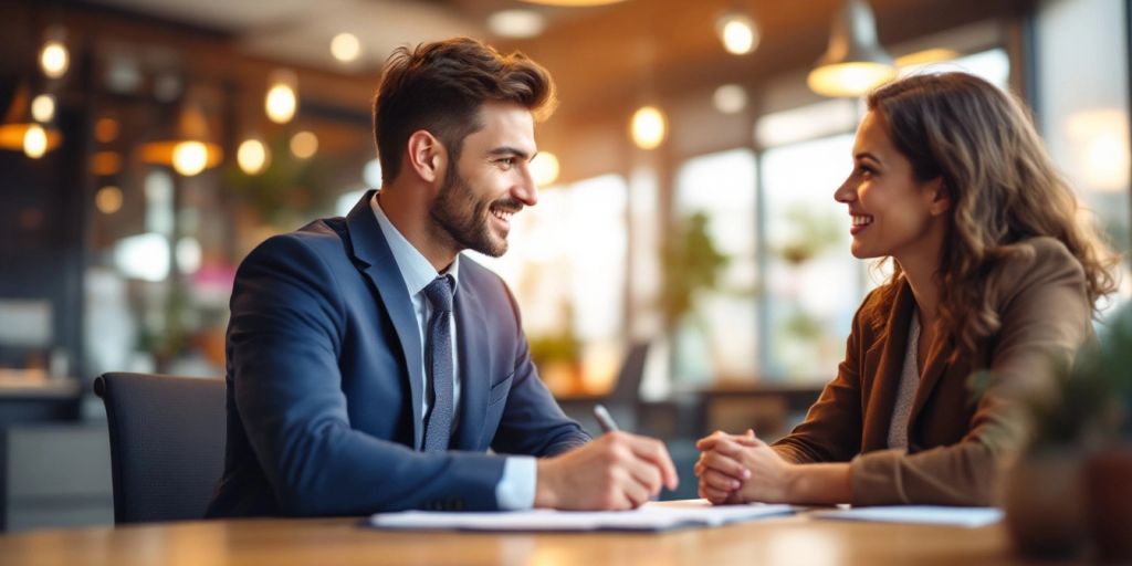 Attorney consulting with a client in an office.