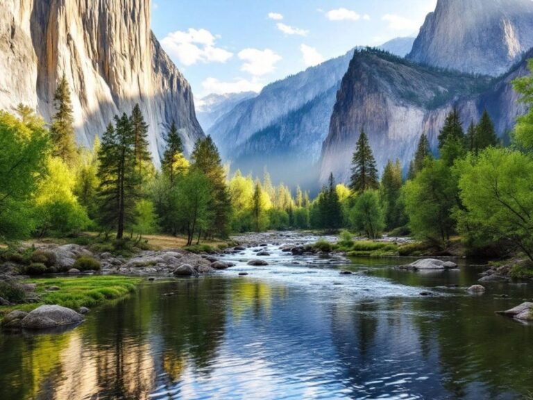 Yosemite National Park landscape with cliffs and river.