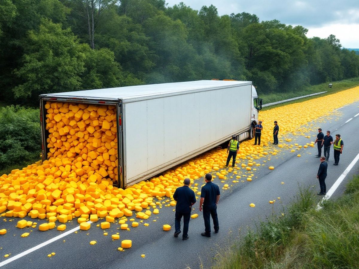 Overturned truck spilling cheese on the highway.