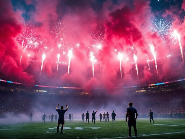 Fireworks illuminate a football stadium during a derby match.