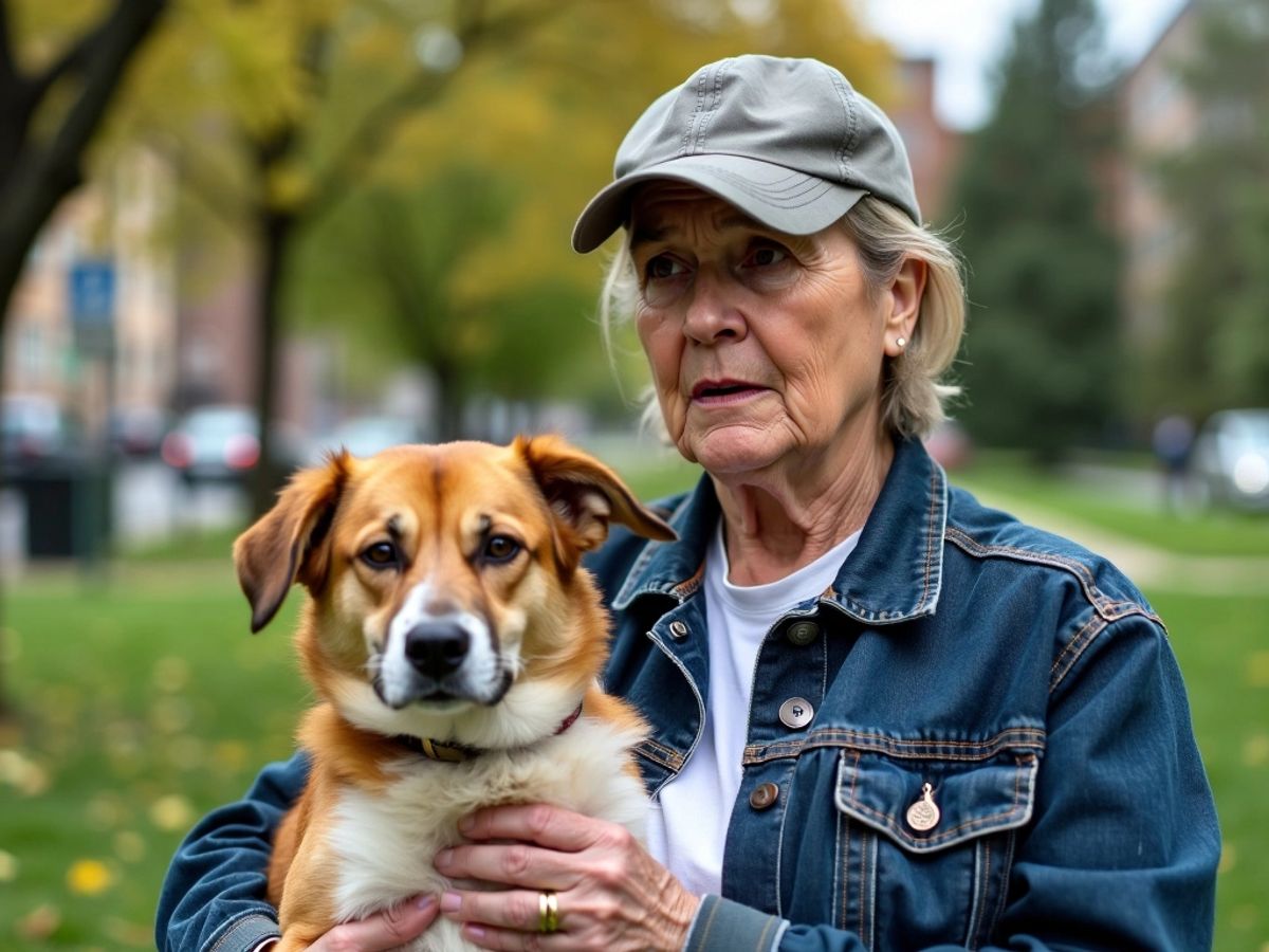 Concerned resident with dog in a city park.