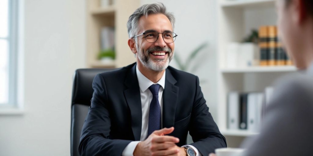 Smiling attorney consulting with a client in an office.