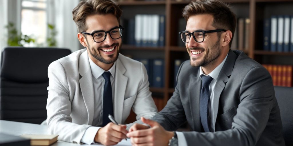 Lawyer consulting with client in a professional office.