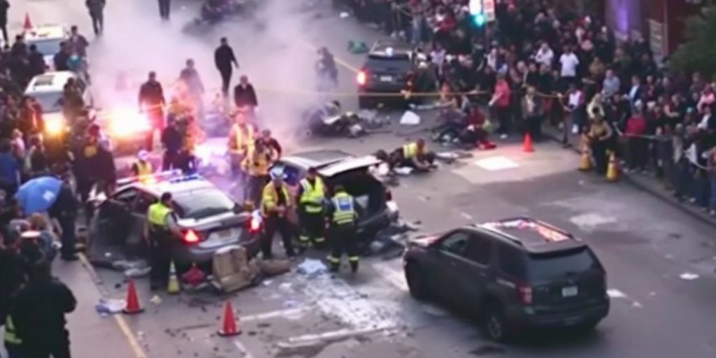 Car accident scene with emergency responders and onlookers.