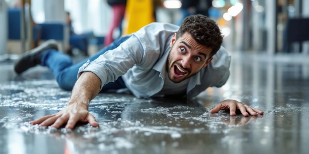 Person falling on wet floor in a public space.