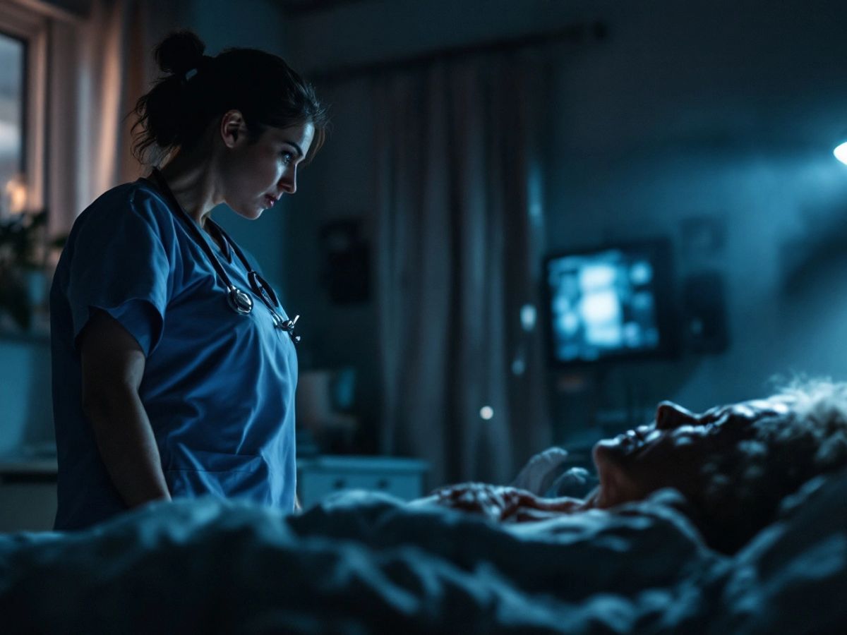 Nurse looking worried in a nursing home room.