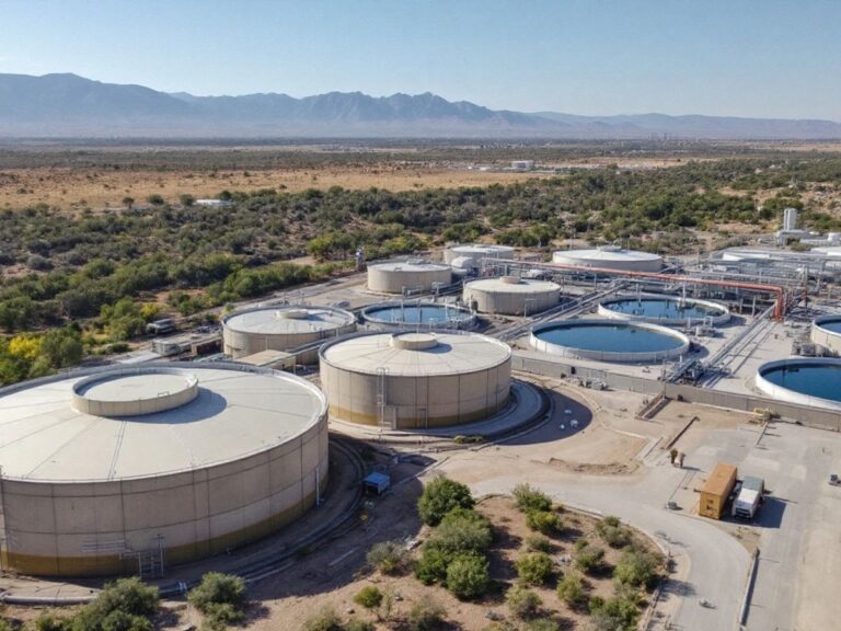 Wastewater treatment plant near the border with mountains.