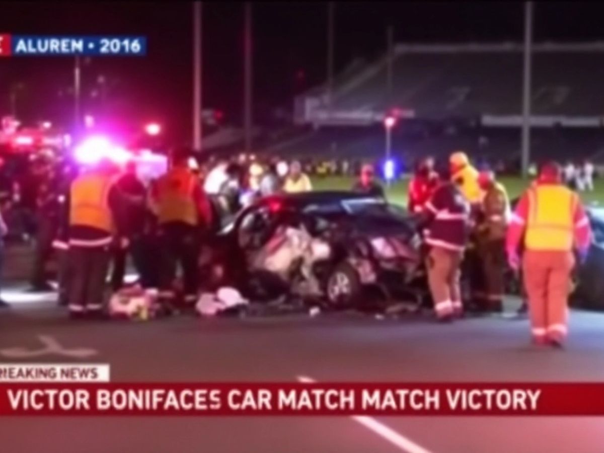 Victor Boniface's car accident scene after match victory.