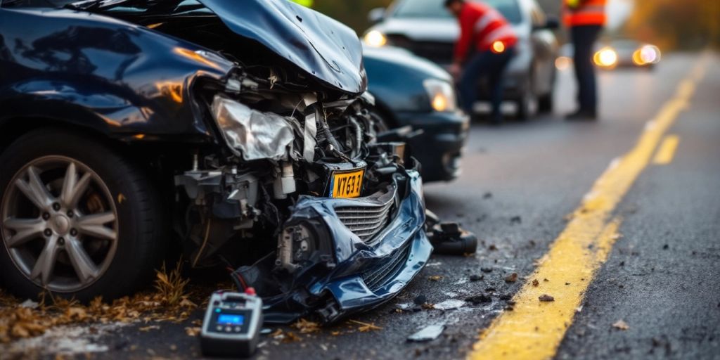 Car accident scene with damaged vehicles and responders.