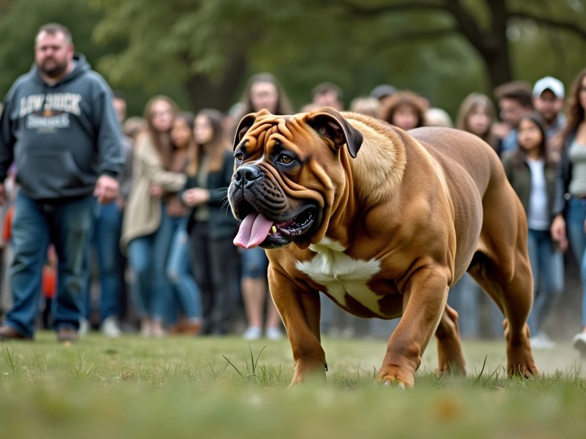 XL Bully dog with crowd in park background.