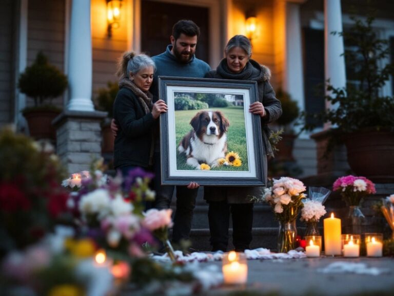 Family mourning their dog with flowers and candles.