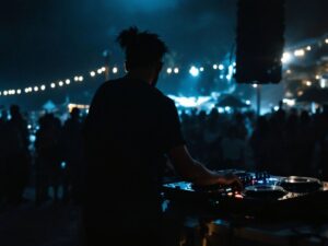 DJ booth in Ibiza with a somber atmosphere.