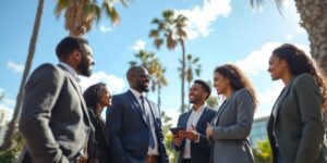 Group of attorneys discussing outdoors in California.