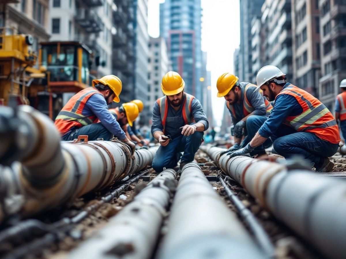 Construction workers at a site with utility pipes.