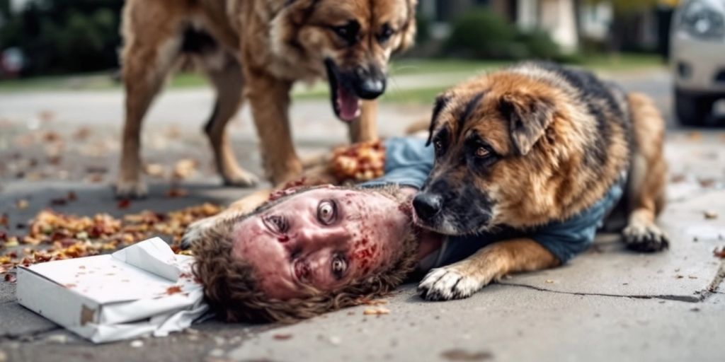 Injured pizza delivery driver on the ground with dog.