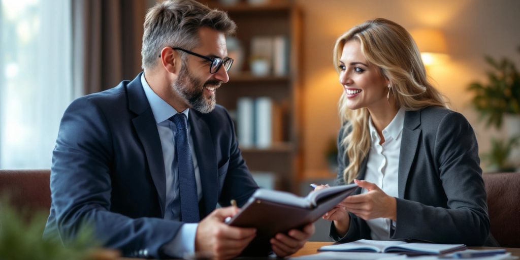 Lawyer and client discussing legal matters in an office.