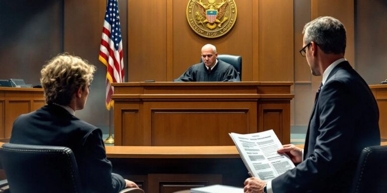 Courtroom scene with judge and defendant during sentencing.