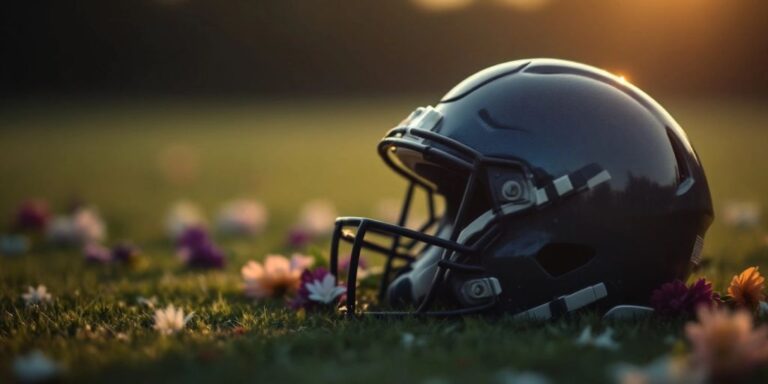 Football helmet surrounded by flowers on a field.