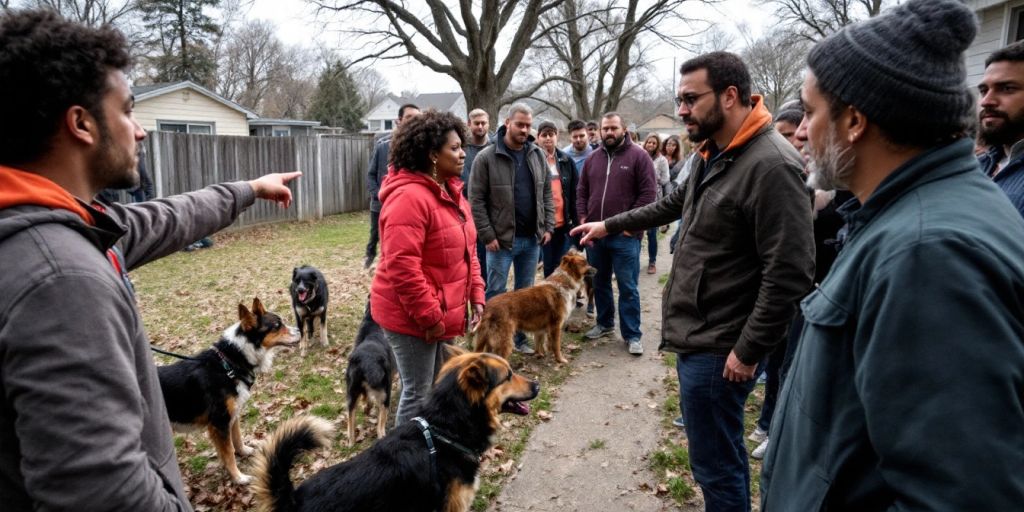 Community members discussing dangerous dogs in a park.