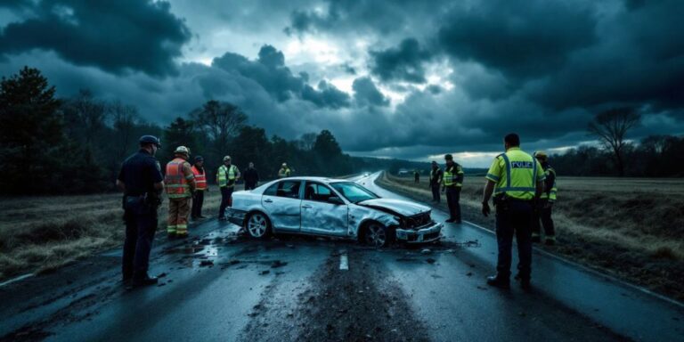 wrecked car at roadside with police and responders