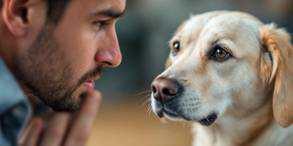 Concerned person staring at a calm dog.