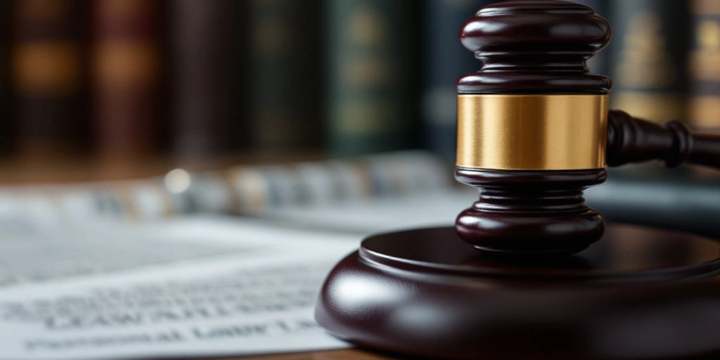 Close-up of a gavel on a legal desk.