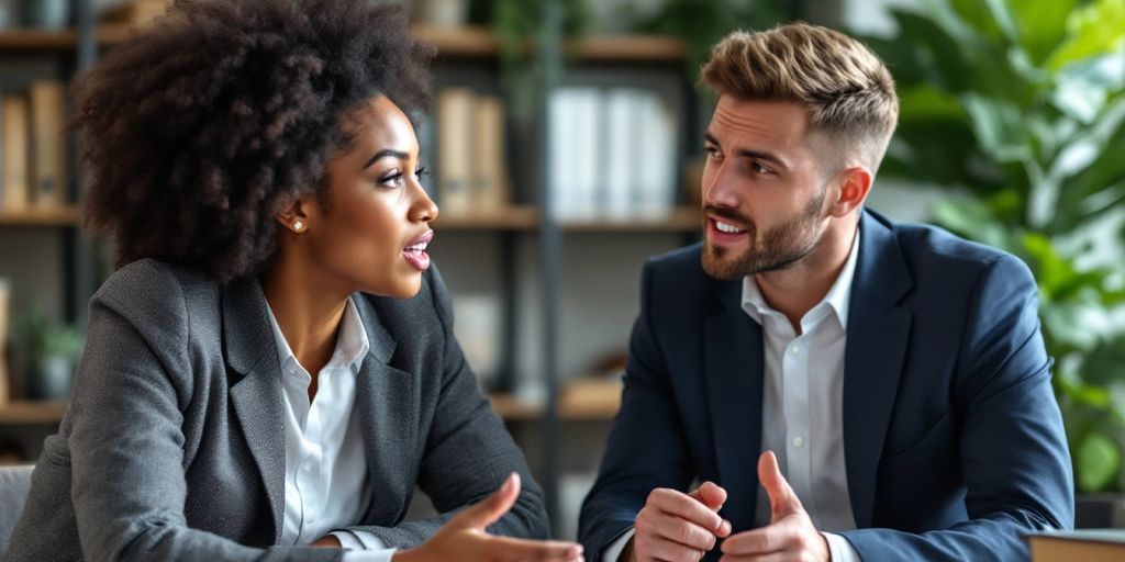 Person speaking with attorney in a modern office.