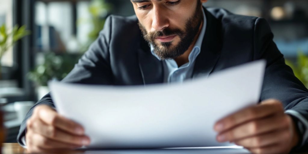 Person analyzing legal documents in a bright office.