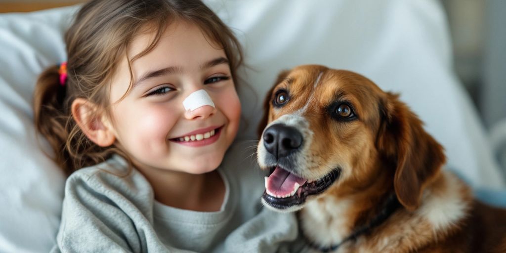 Young girl with bandaged nose and friendly dog beside her.