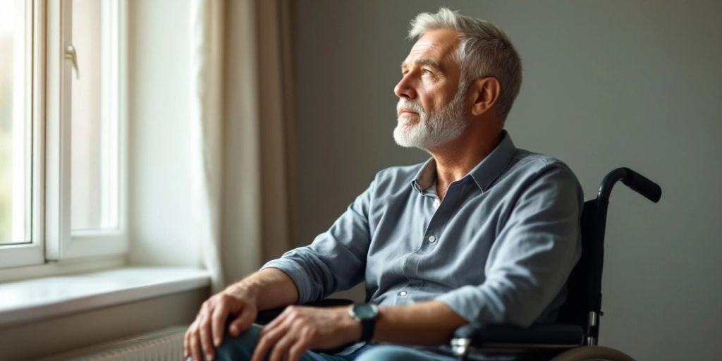 Man in wheelchair looking out window, conveying resilience.