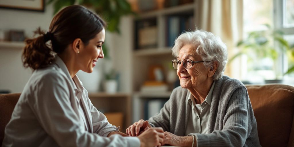 Lawyer consulting with elderly client in a warm office.