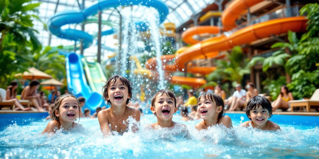 Children splashing in a colorful indoor waterpark pool.