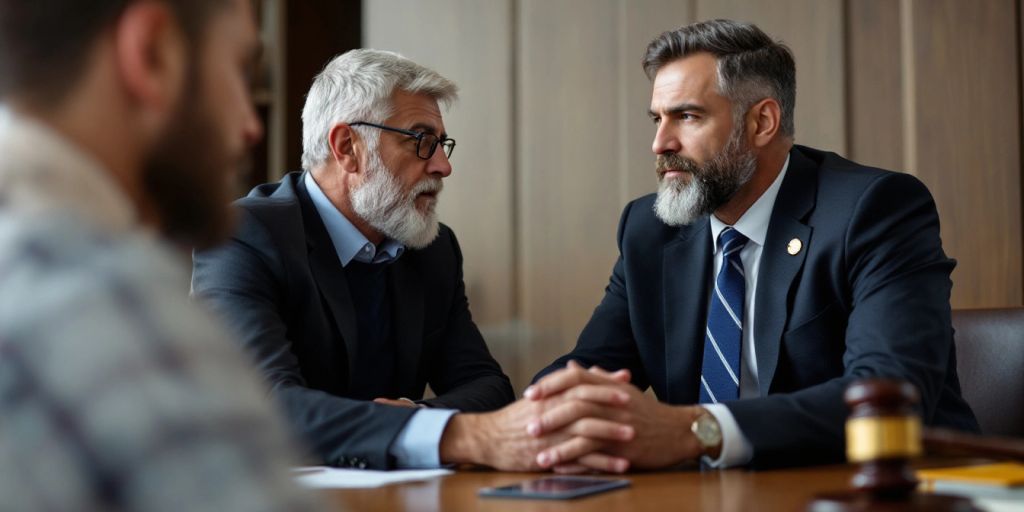 Lawyer and client consulting in a courtroom setting.