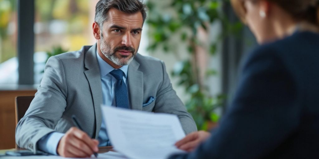 Personal injury lawyer consulting with a client in office.