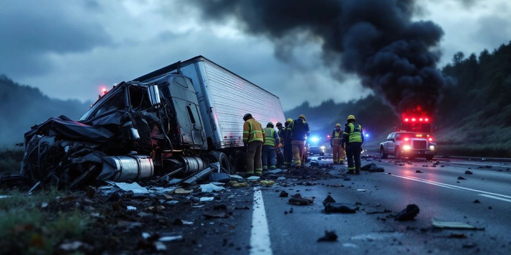 Wrecked trucks and debris on a highway after crashes.