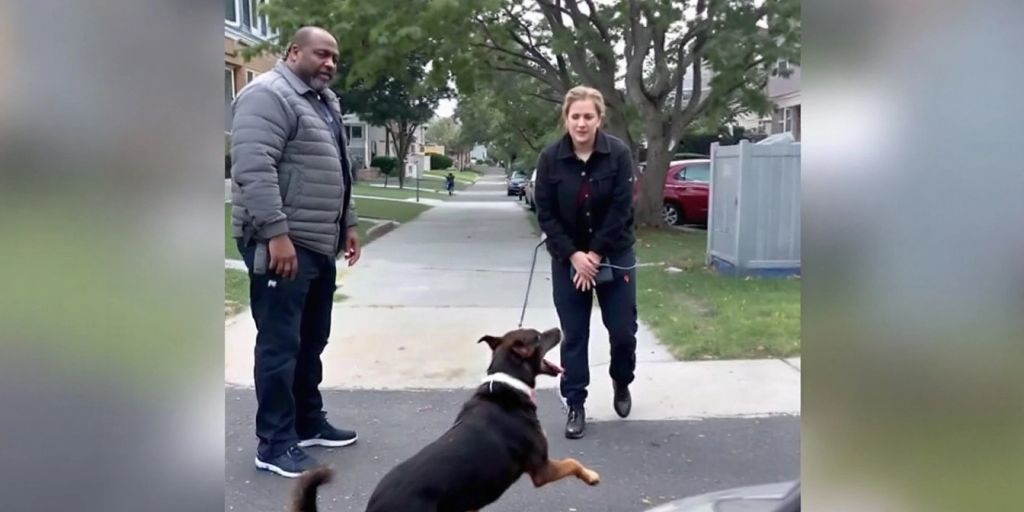 Aggressive dog barking near a worried person in Dorchester.