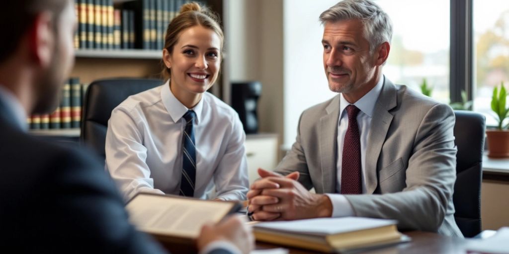 Lawyer consulting with client in a professional office.