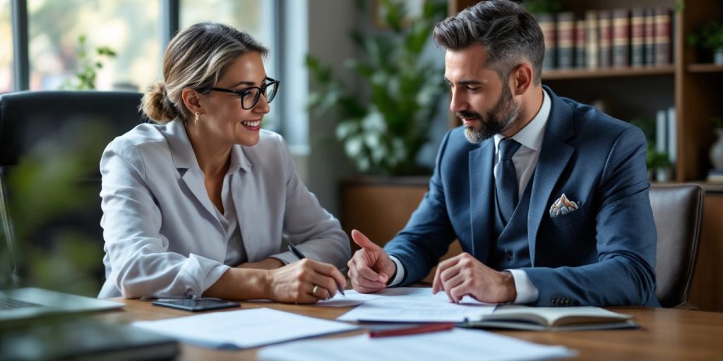 Lawyer consulting with client in office setting.