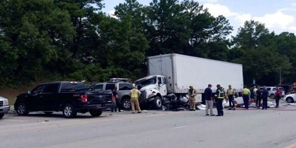 Tractor-trailer crash scene with emergency responders and debris.