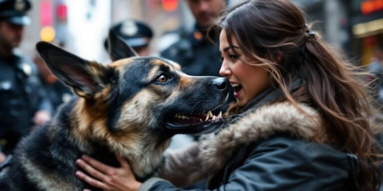 Police dog biting a woman's arm in a city setting.