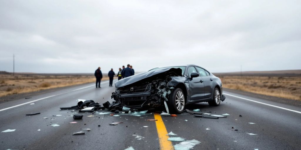 Wrecked car on a road with emergency responders present.