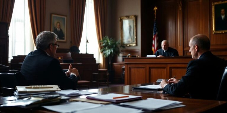 Courtroom with judge and empty witness stand.