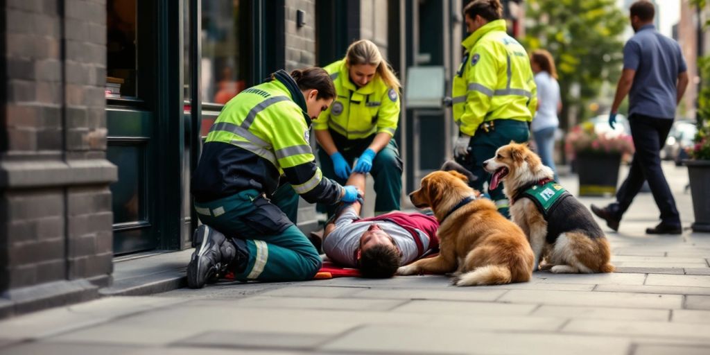 Emergency team treating a dog bite victim outdoors.